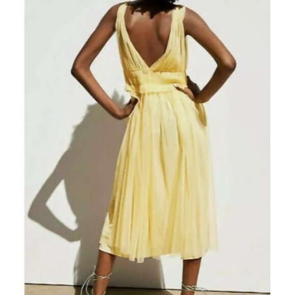 Zara Pastel Butter Yellow V-Neck Tulle Midi Dress Ruffle Ethereal Balletcore - Picture 4 of 16